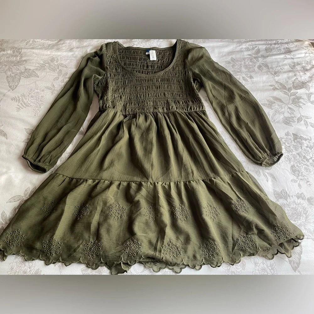 NWT Old Navy Forest Green Smocked Eyelet Trim Tiered‎ Mini Dress Large Fairycore